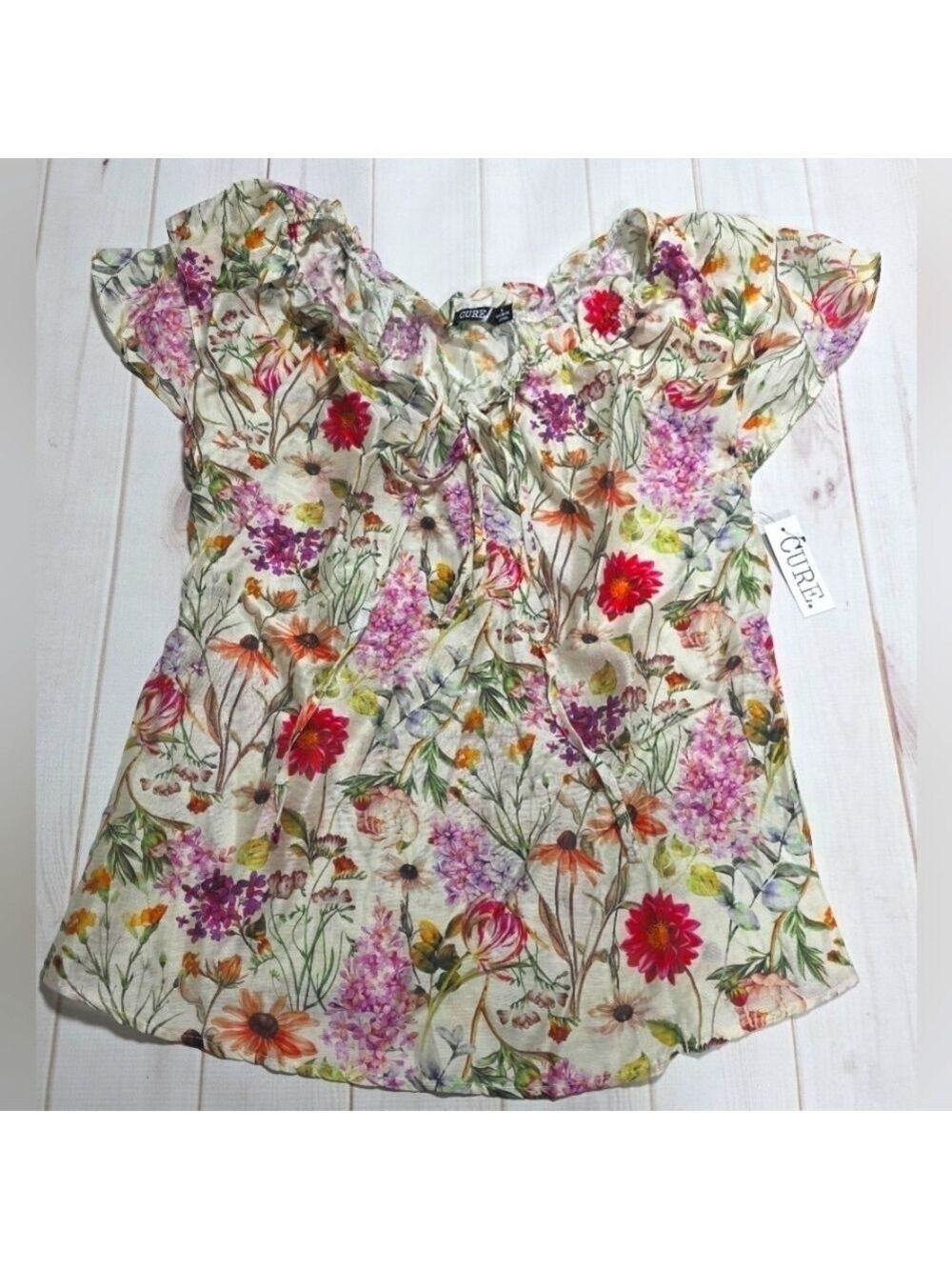 Cure Floral Cap-Sleeve Peasant Blouse Romantic Garden Print Small New With Tags